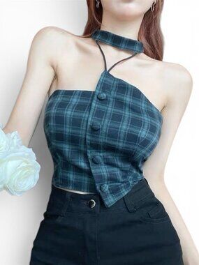 Plaid Choker Tube Top Asymmetrical Crop Top Dark Academia NWT M